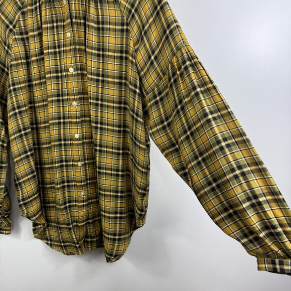 Loft Yellow Black Plaid Button Up Shirt Small Ruffle Neck Fall Tunic Preppy - Picture 6 of 14